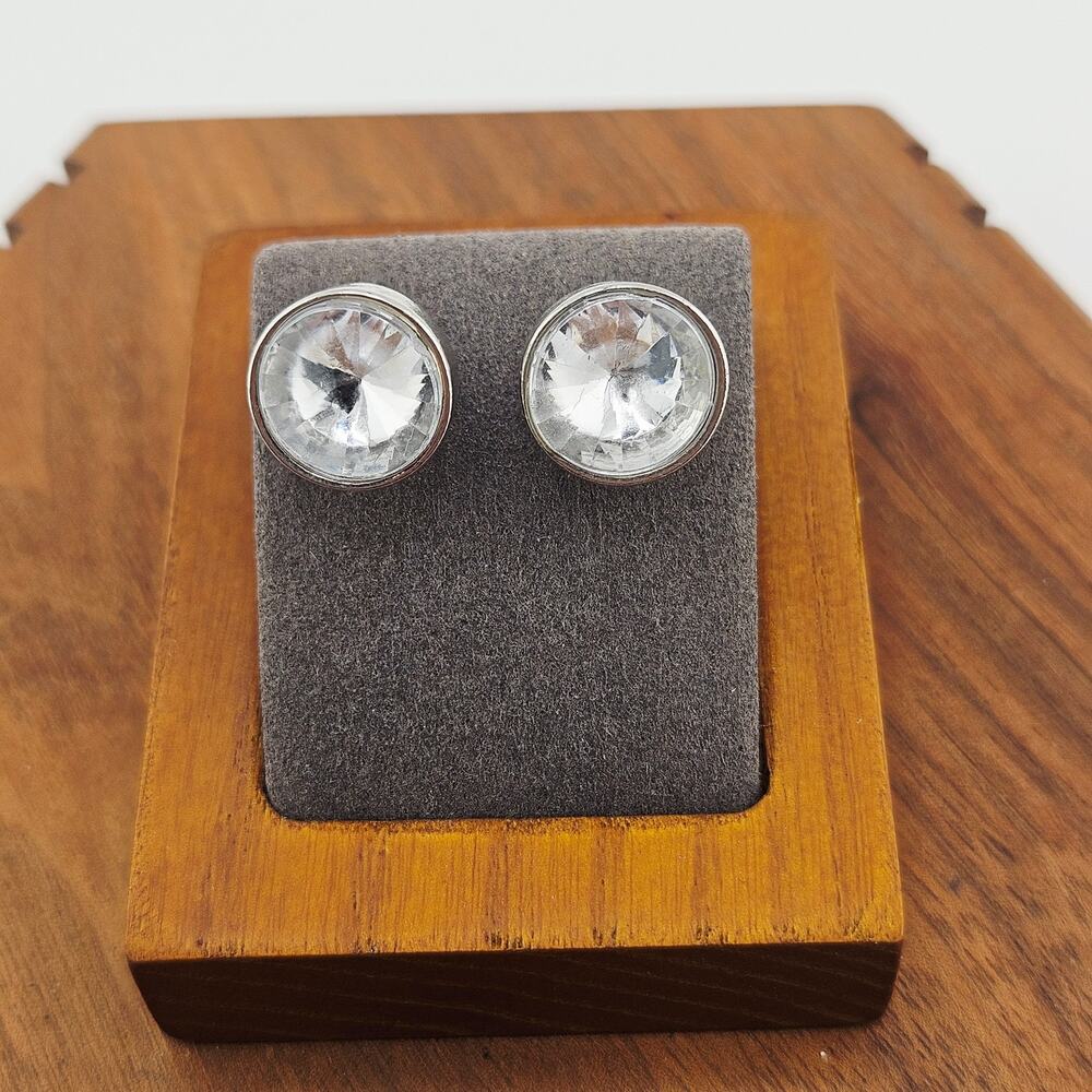 Silver Tone Clear Stone Gem Stud Post Earrings Chunky Bold Round Signed E.L.